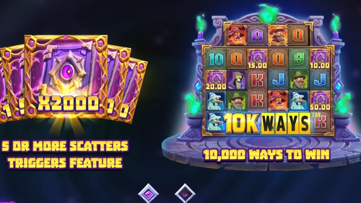 Tampilan visual slot Wizbang Brawl 10K Ways dengan tema penyihir dan elemen arcade.